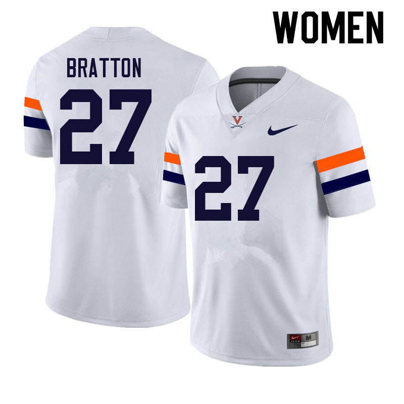 Women #27 KJ Bratton Virginia Cavaliers College Football Jerseys Sale-White - Click Image to Close